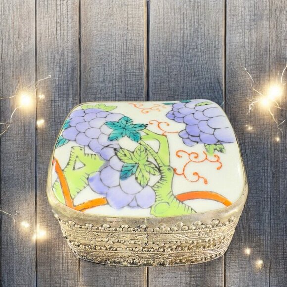 Vintage Silver Plated Trinket Box Holder Multicolor Porcelain Top Floral Pattern - Picture 1 of 12